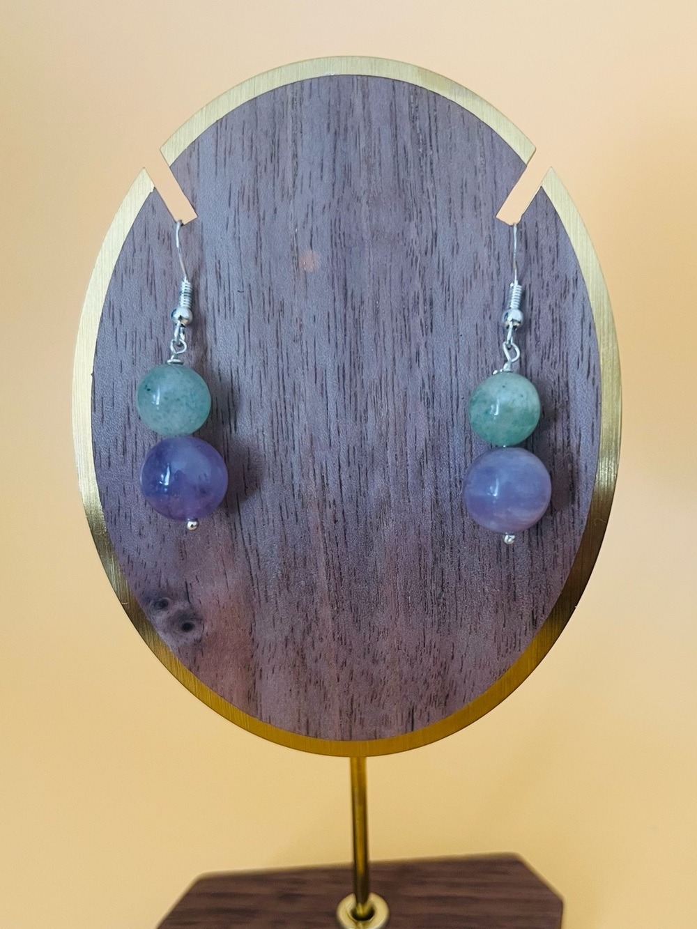 Round carved amethyst & jadeite silver earrings